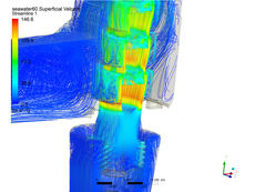 Kavitation Ventil: CFD Untersuchung -   Detaildarstellung der Stromlinien des ursprünglichen Ventils