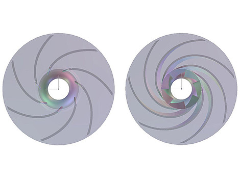 Vergleich des Design der Laufräder der Radialpumpe in Draufsicht – links: alt / rechts: neu