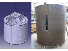 Links: 3D-Modell des Prüfstandes mit Motorhalterung; rechts: Kessel mit bereits eingebauten Plexiglas-Sichtfenster