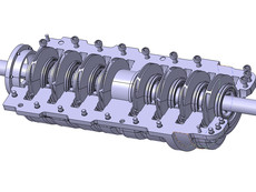 Ofeneinsatzpumpe: Untere Hälfte des fertigen 3D-Modells der Pumpe mit eingebauter Welle und Laufräder