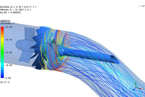 Numerische Strömungssimulation Wasserkraftwerk: CFD-Berechnungsergebnis der EOS700-Turbine mit Stromlinien